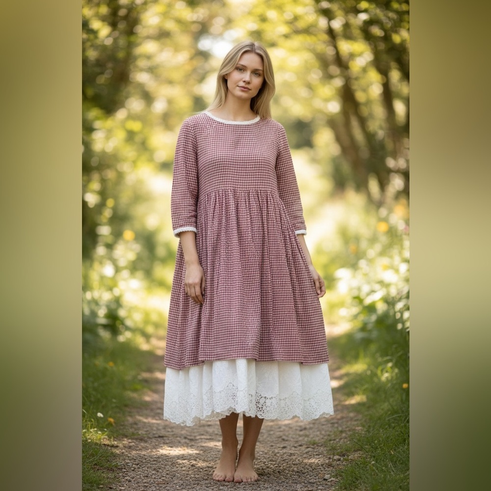 Red Gingham Long Dress with Lace Hem, put to pit 20", length 44"
